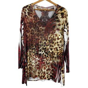 Reba Brown Leopard Print Tunic Top 1X V-Neck Long Sleeve Lace Back Rhinestones